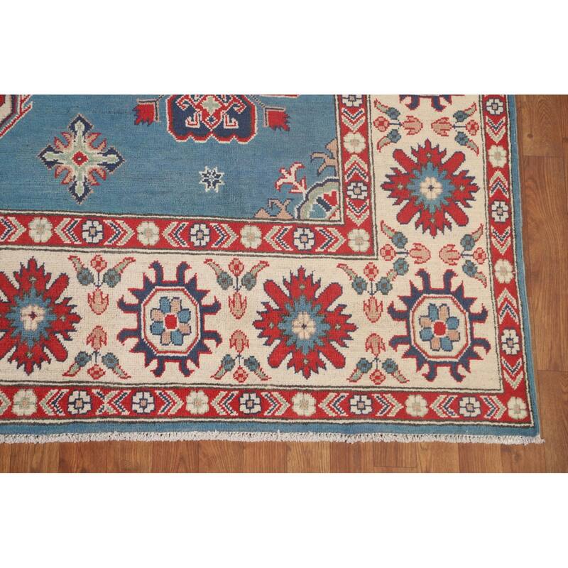 Light Blue Kazak Oriental Area Rug Hand-Knotted Geometric Wool Carpet - 8'4"x 11'2"
