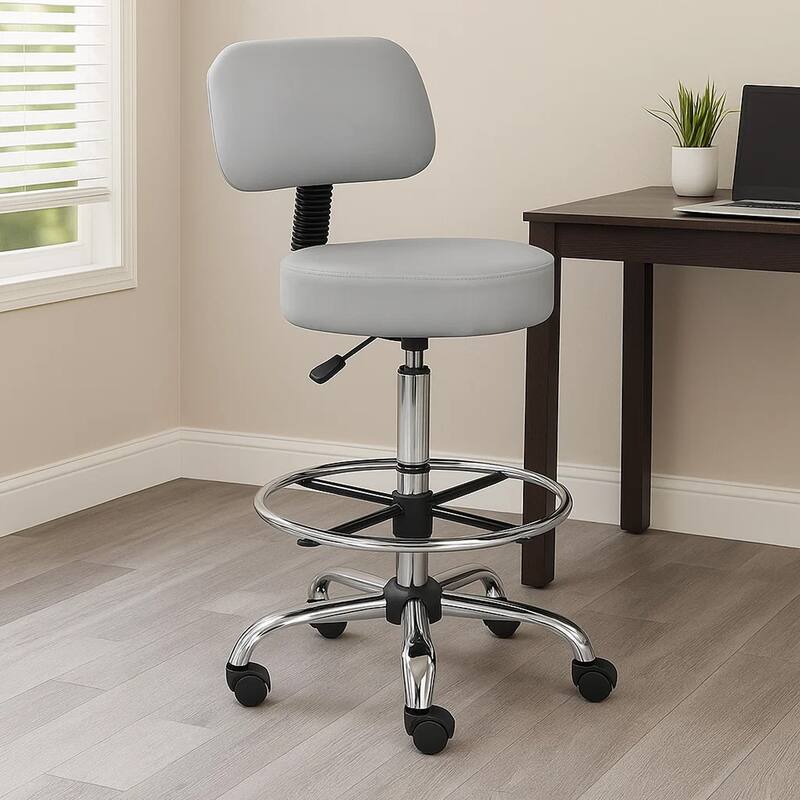 Fea Medical Drafting Stool, Gray Vinyl, Low Back and Padded Seat, Chrome