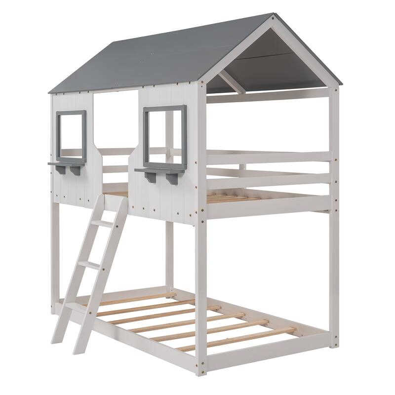 Bunk Bed Wood Bed with Roof, Window, Guardrail, Ladder