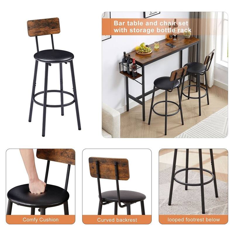 3 PCS Industrial Bar Table Set with Wine Rack