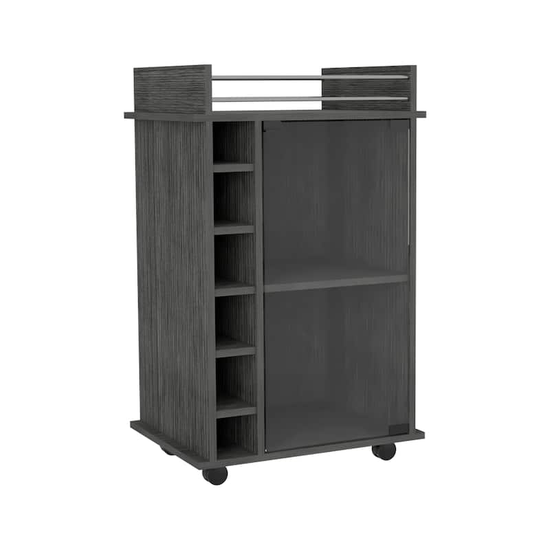 Sleek Bar Cart with Glass Door, Six Wine Cubbies, Locking Casters, Top Shelf - Carbon Espresso