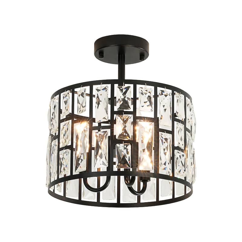 3/5-Light Industrial Vintage Black Drum Semi-Flush Mount Ceiling Light with Crystal Accents