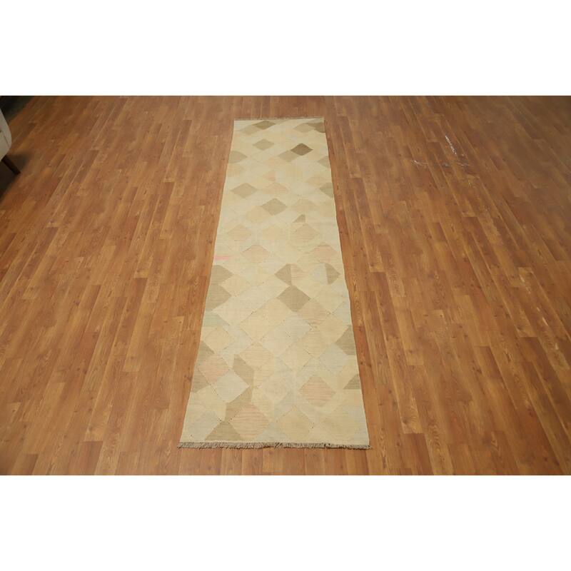 Hand Woven Oriental 100% Wool Carpet Southwestern Modern Beige & Ivories Kilim Runner Rug - 9' 9'' X 2' 6''
