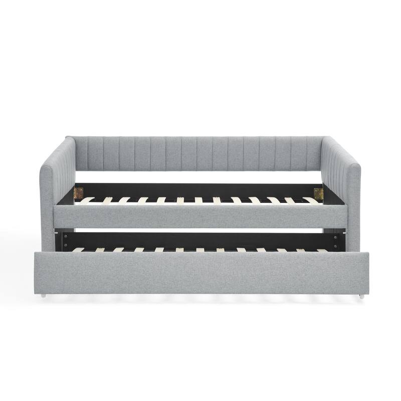 Twin Size Daybed with Trundle Upholstered Sofa Bed, with Vertical Stripes, Linen Fabric, Grey (82.5"x43"x30")