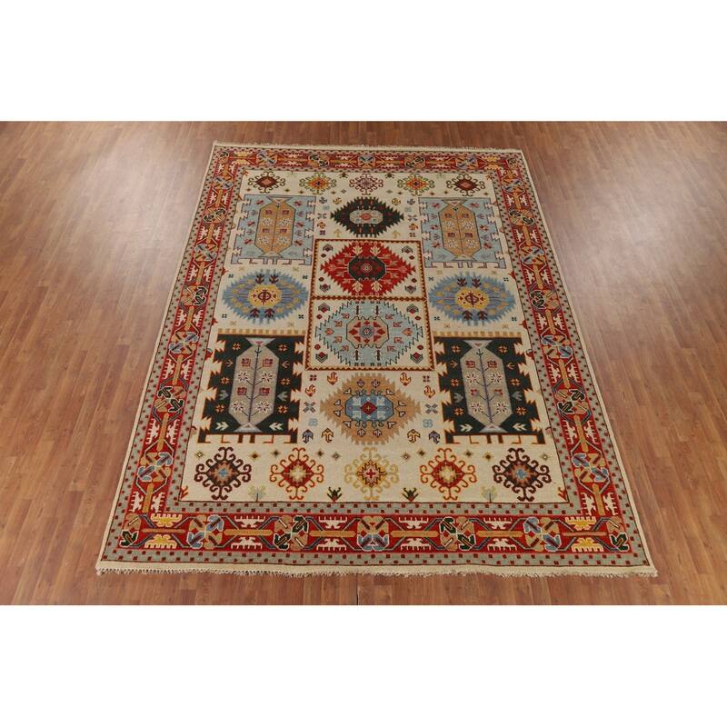 Geometric Heriz Serapi Indian Area Rug Hand-Knotted Wool Carpet - 8'11" x 12'0"