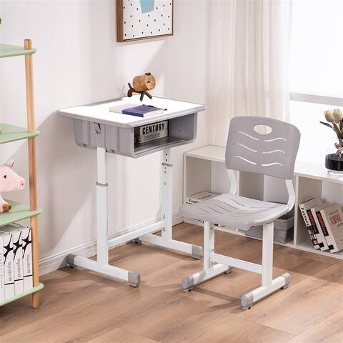 Adjustable Students Children Desk and Chairs Set White