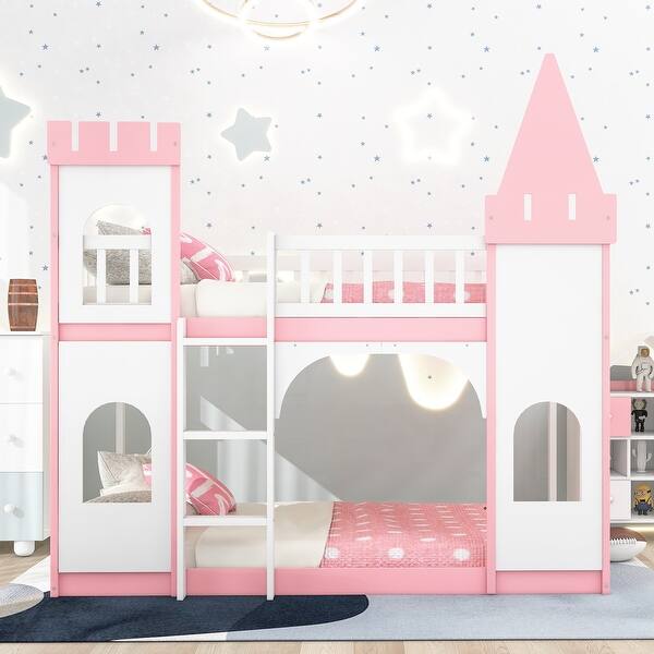 slide 2 of 9, Castle Shaped Wood Bunk Bed with Door and Window, Twin Over Twin Size Pink - Twin