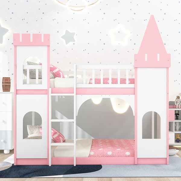 slide 2 of 15, Roomfitters Twin Over Twin Castle Bunk Bed with Ladder, Sturdy Wooden Frame, Stylish and Fun Design for Bedroom, Pink Pink