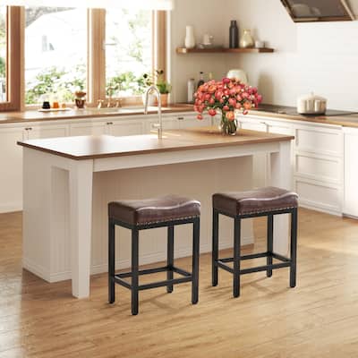24 in. H Upholated PU Leather Thick Saddle Seat Counter Bar Stools Set of 2, Kitchen Chairs with Metal Base