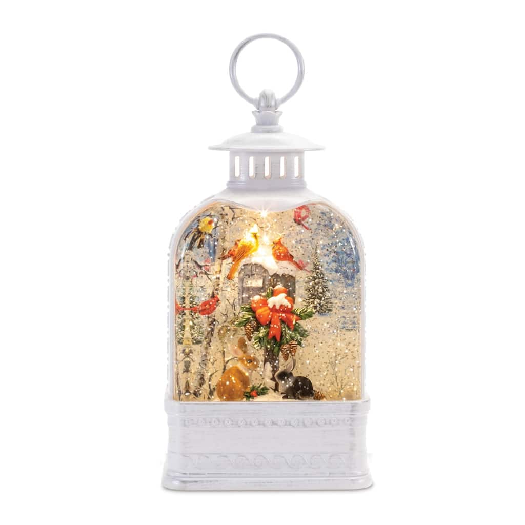 LED Lighted Lantern Snow Globe with Woodland Animals - 9.5" - White