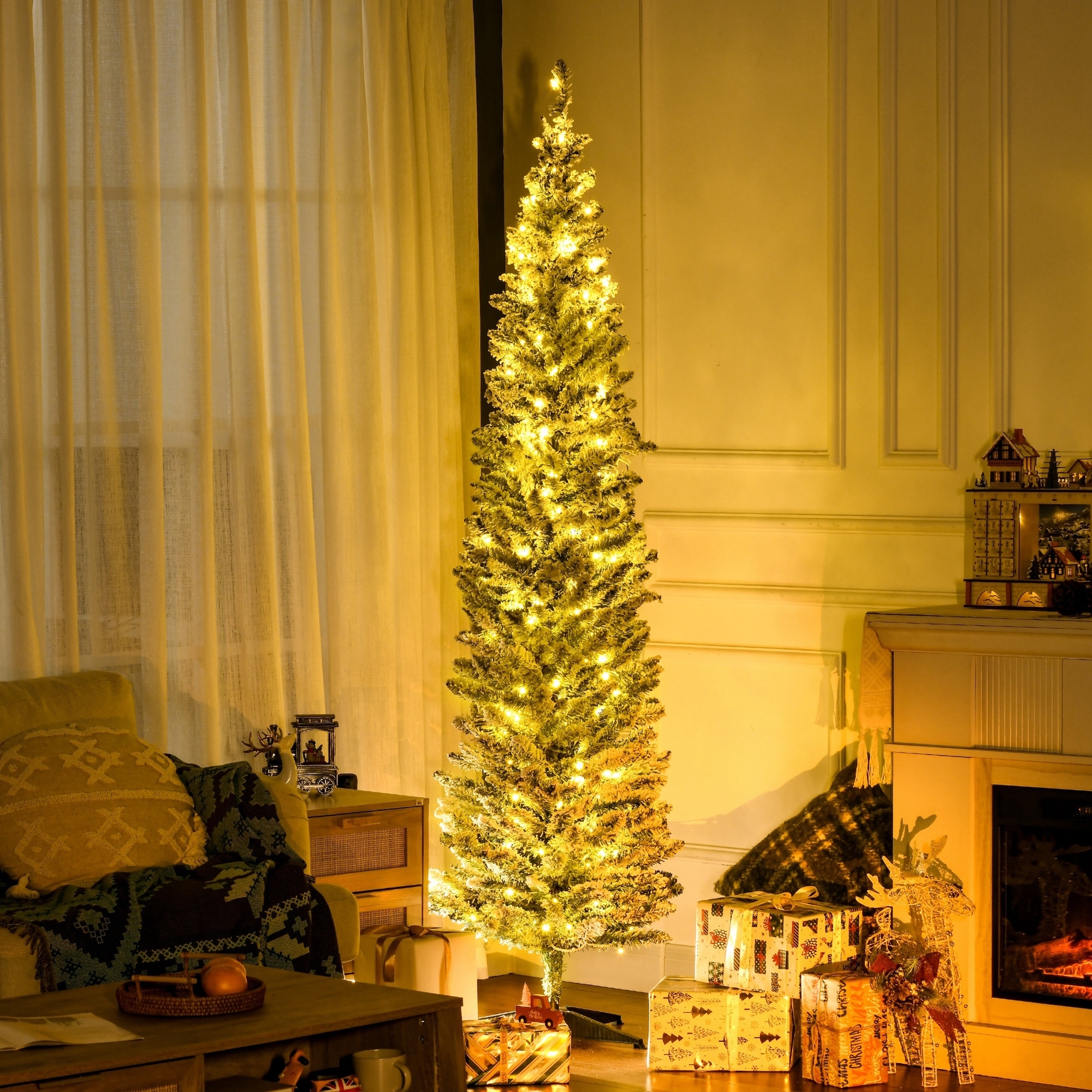 HOMCOM 7' Tall Pre-Lit Slim Noble Fir Artificial Christmas Tree with Realistic Branches, 210 Warm White LED Lights and 499 Tips