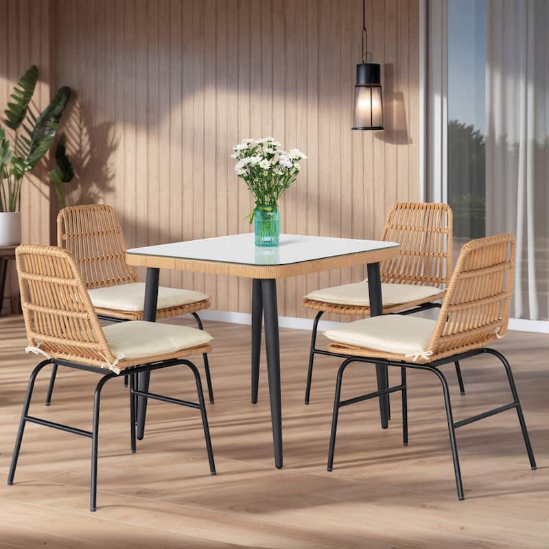 5 Piece Outdoor Dining Set, Glass Table with Woven Chairs for Patio, Balcony & Garden - 24.01"L x 20.87"W x 28.74"H