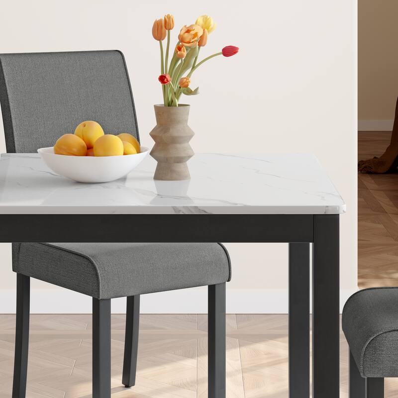 Corvus Fowey 5-piece Dining Set, Marble Sticker MDF Table and 4 Upholstered Chairs