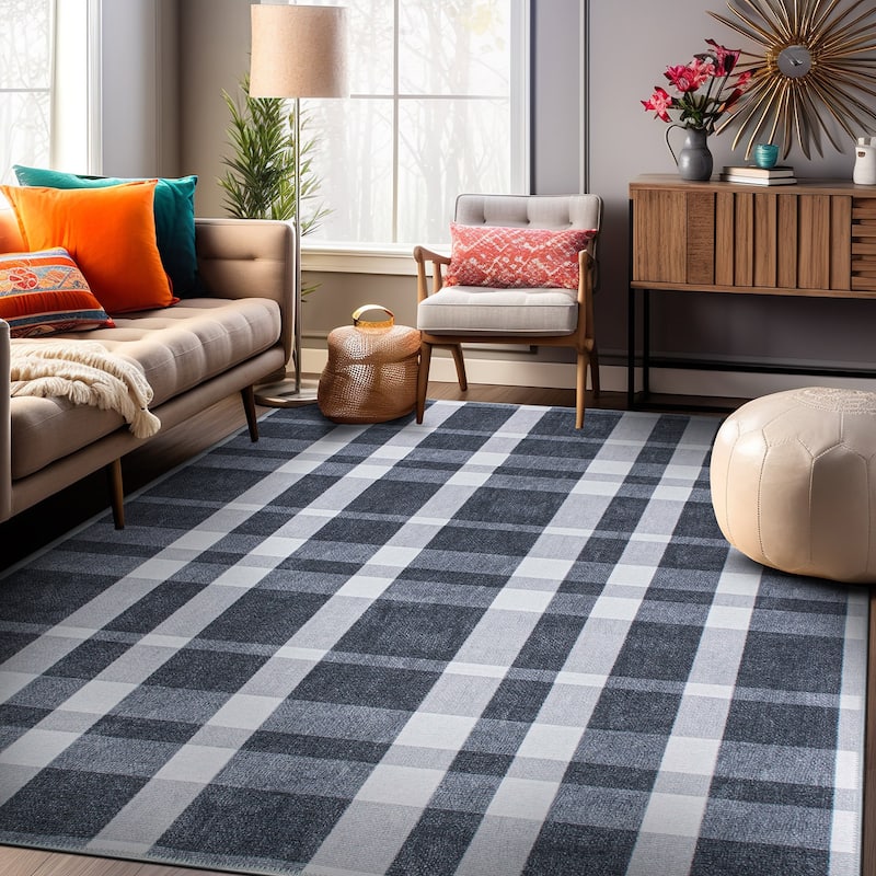 Modern Plaid Machine Washable Area Rug