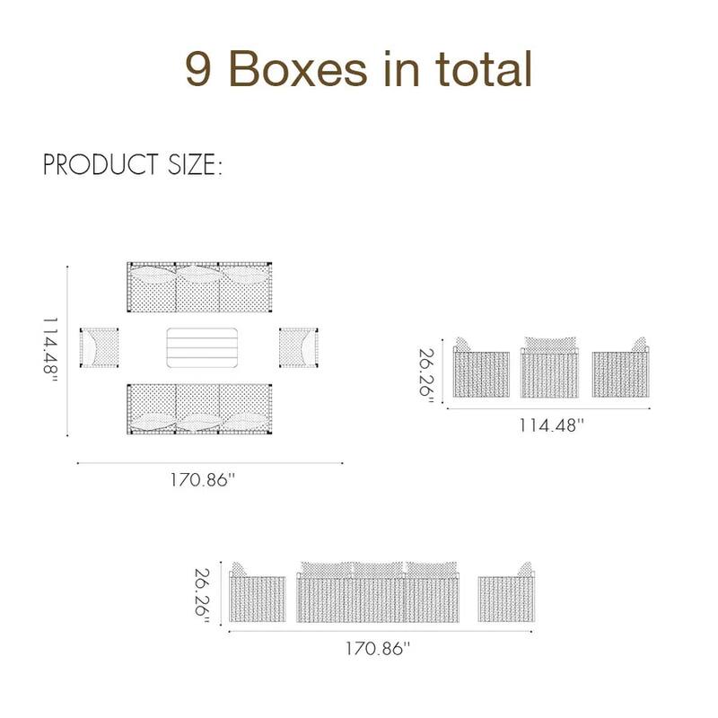 PURPLE LEAF Santori 9 Piece Khaki Sectional Sofa with Ottoman and Cushion for Poolside Garden Outdoor Patio Conversation Set