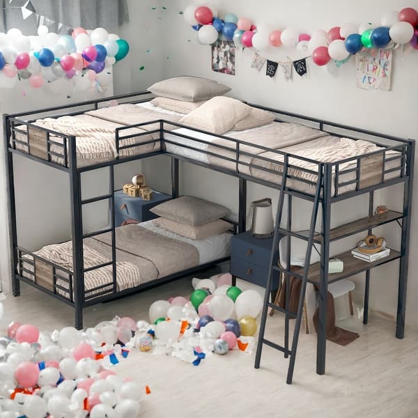 slide 2 of 9, Modern Twin Over Twin L-Shaped Bunk Bed With Twin Size Loft Bed With Desk And Built-in Shelves,Brown Brown