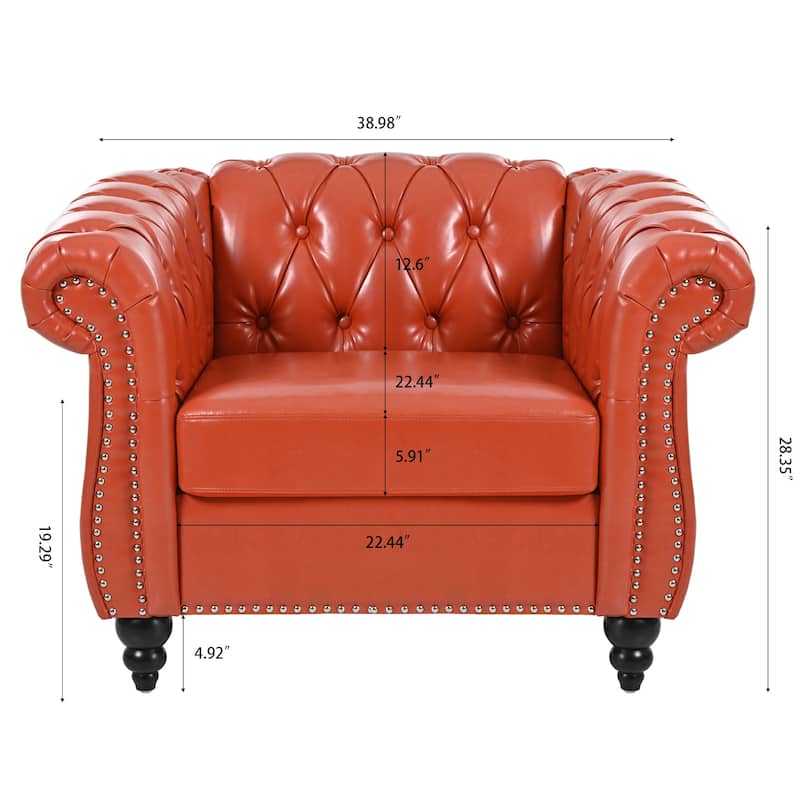 Orange Leather Single Sofa Chair Barrel Chair with Nailhead Trim, Stylish Corner Chair Side Chair with Rolled Armrests