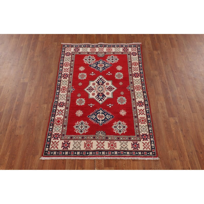 Kazak Accent Rug Hand-Knotted Red Geometric Wool Carpet - 3'4" x 5'0"