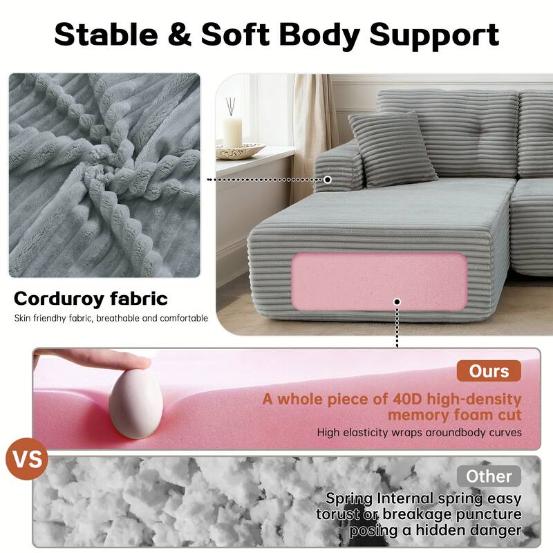 Rossetta Modern Minimalist Style L-Shape Compressed Corduroy Sectional Sofa with Right-Facing Chaise