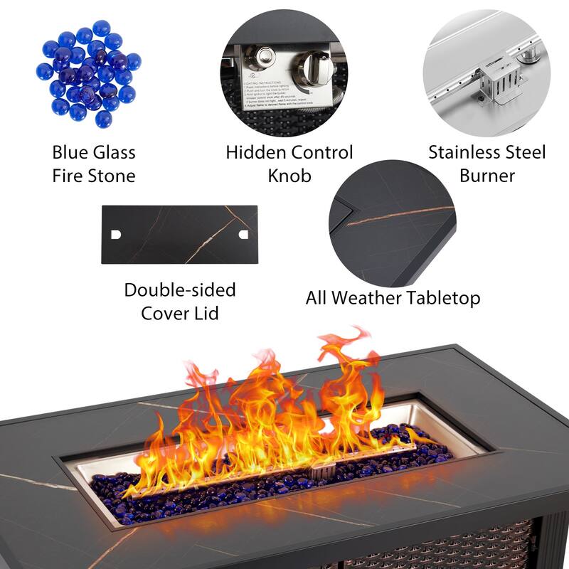 44 Inch Propane Rectangular Fire Pit Table with Slate Tabletop 50,000 BTU