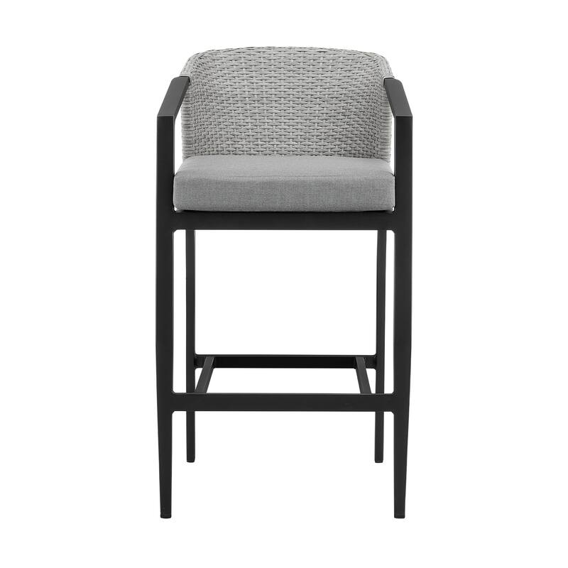 Aileen Outdoor Patio Counter Stool in Aluminum and Wicker with Grey Cushions