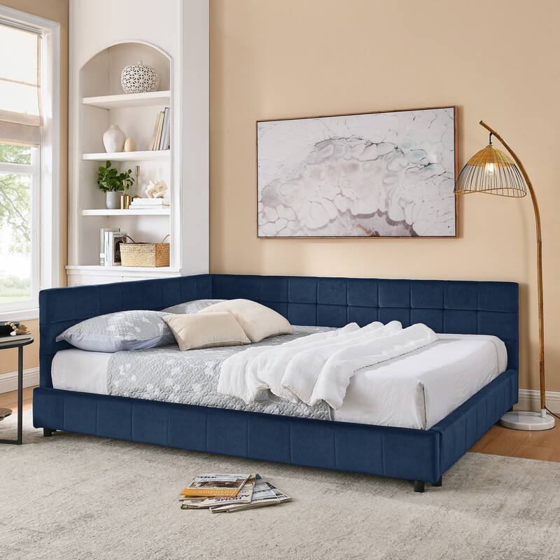 Roomfitters Queen Upholstered Tufted Sofa Bed Frame with Backrest and Armrests, Velvet Platform Bed - Dark Blue - Queen