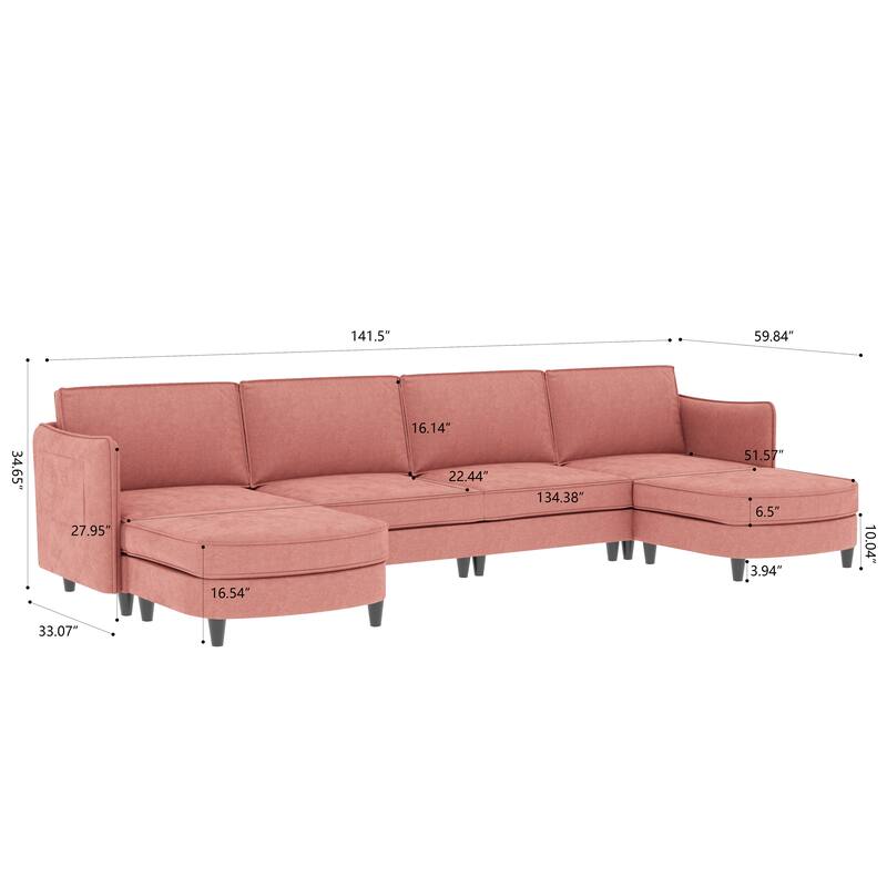 141.5'' 6 Seater U-Shaped Red Fabric Sofa with Movable Ottoman & Arm Pockets for Living Spaces