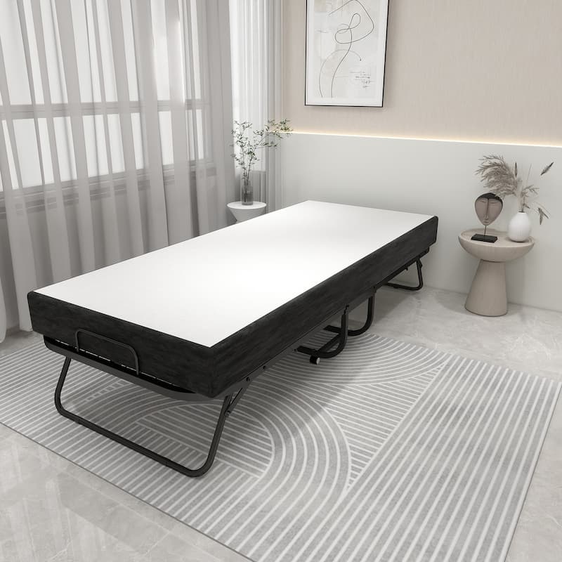 Twin Size Portable Foldable Bed with Memory Foam Mattress Space Saving Guest - White+Black