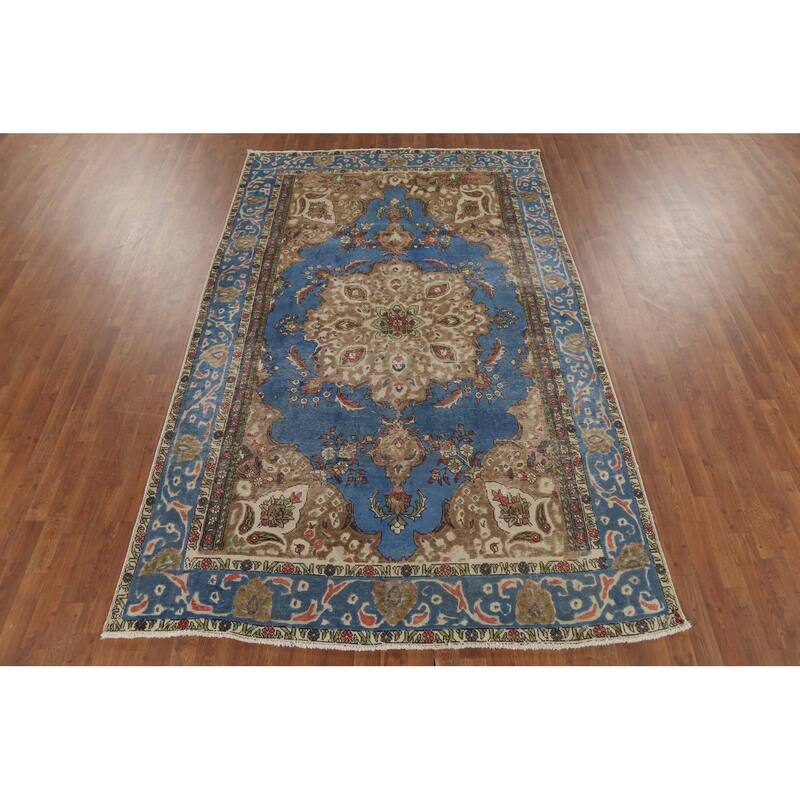 Blue Tabriz Persian Vintage Area Rug Handmade Bedroom Wool Carpet - 6'2"x 9'9"