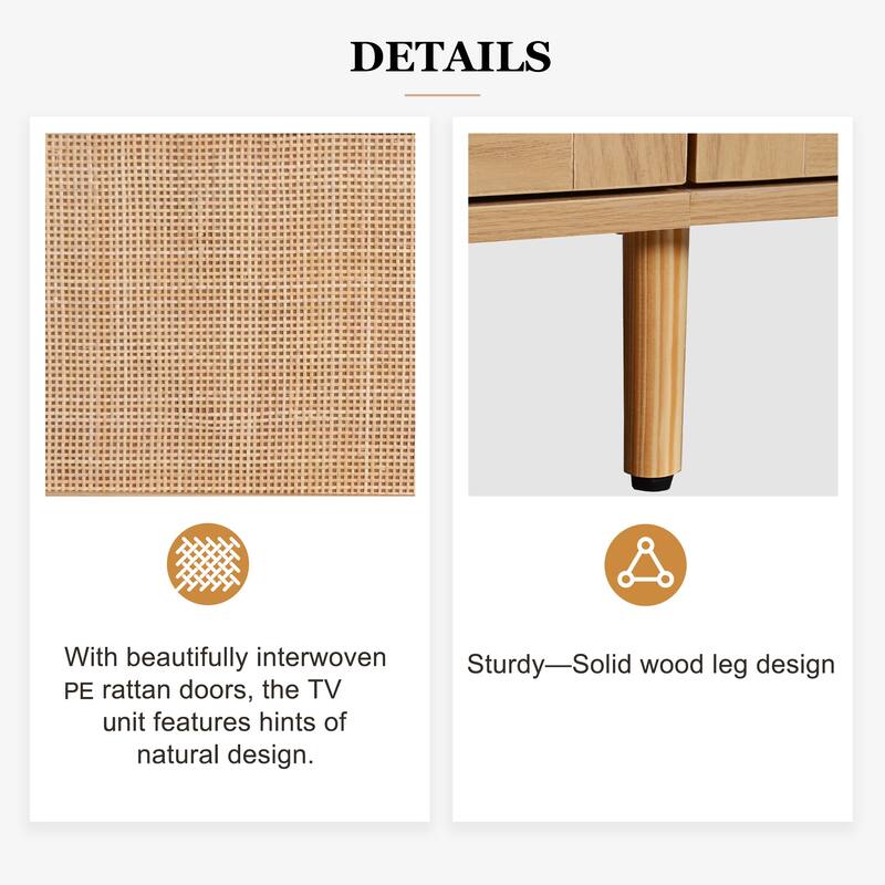 79" Rattan TV Stand for Living Room, Holds TVs Up to 85" - Farmhouse Media Console with Storage Cabinets & Open Shelves