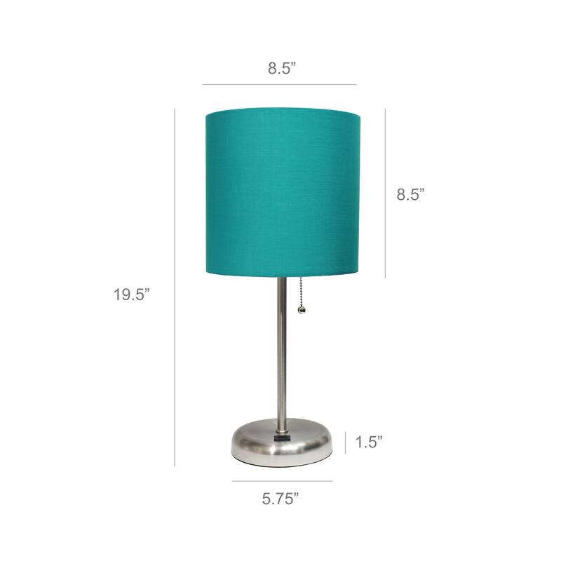 19.5 in. Brushed Steel Finish Table Lamp with Blue Shade, Durable Stick Lamp for End/Side Tables, Set of 2