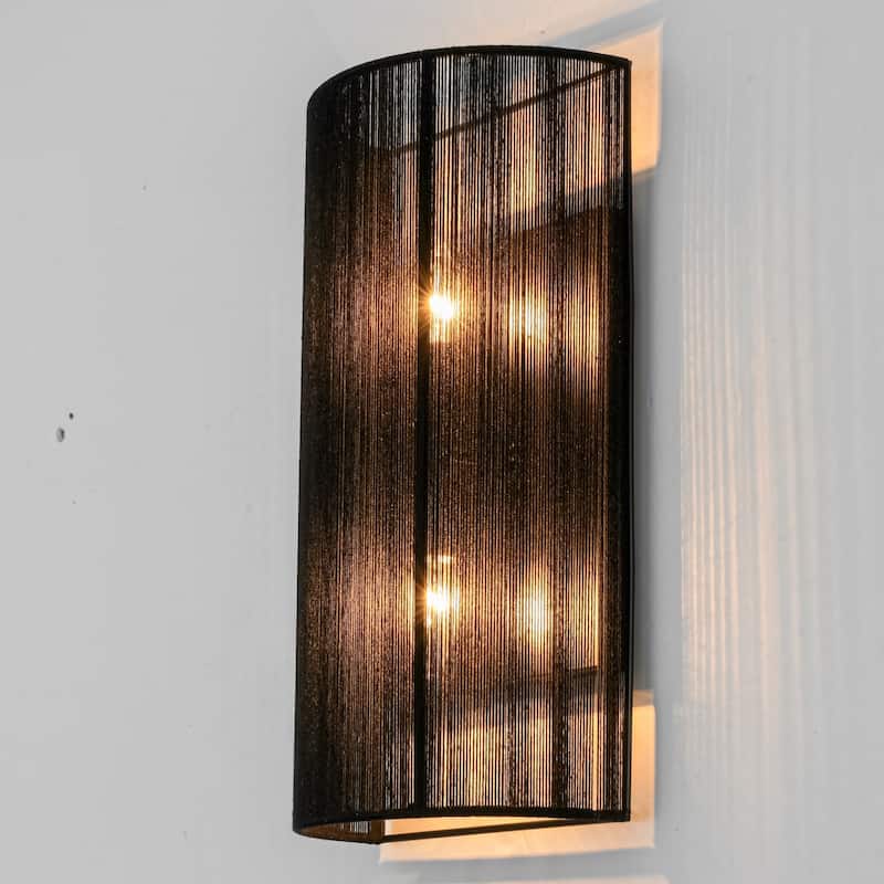 2-Light Modern Boho Natural Ivory/Black Hand-Woven Rope Fabric Flush Mount Wall Sconces