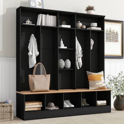 Hall Tree with Storage Bench, Shoe Cabinet with Cube Storage & Shelves, Entryway Bench Coat Rack Mudroom Bench with 8 Hooks