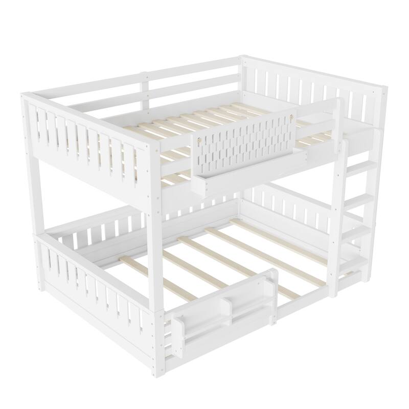 Roomfitters Queen over Queen Bunk Bed with Bookshelf and Pegboard, Solid Wood Split Frame