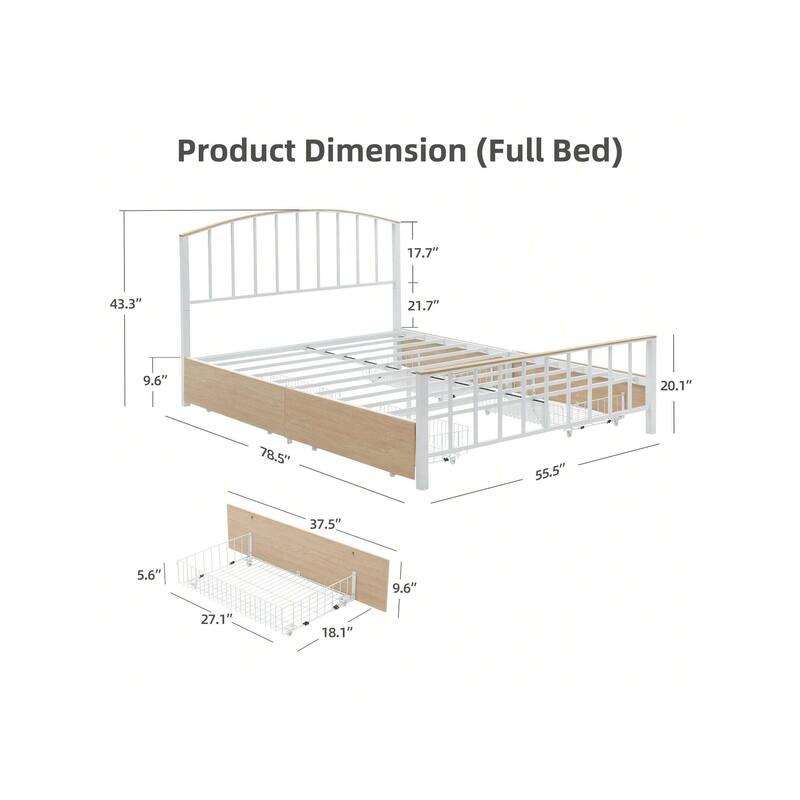 Platform Bed Frame with Headboard, Footboard, 4 Storage Drawers on Wheels