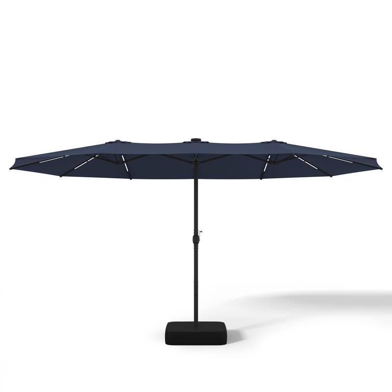 15FT Solar LED Double-Sided Patio Umbrella with Base, 12 Light Strips, 2000mAh