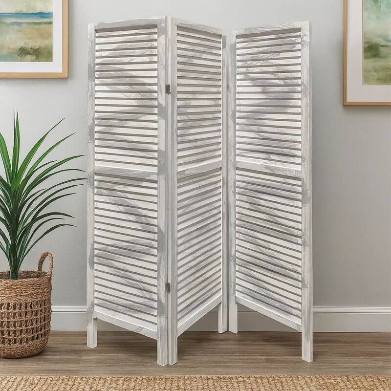 3 Panel Foldable Wooden Shutter Screen with Straight Legs, Gray