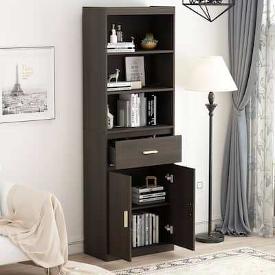 FAMAPY 70" Tall Bookcase, 2-Door Cabinet Storage w/ Drawer