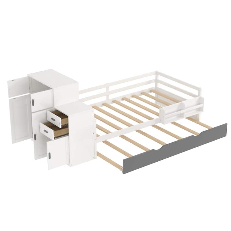Twin Size Wood Platform Bed with Sample Bookshelf and Movable Wardrobe, Multifunctional Bed with Built-in Trundle Bed