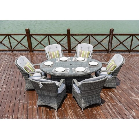 Moda 7-Piece Patio Wicker Oval Dining Table Set with Cushions