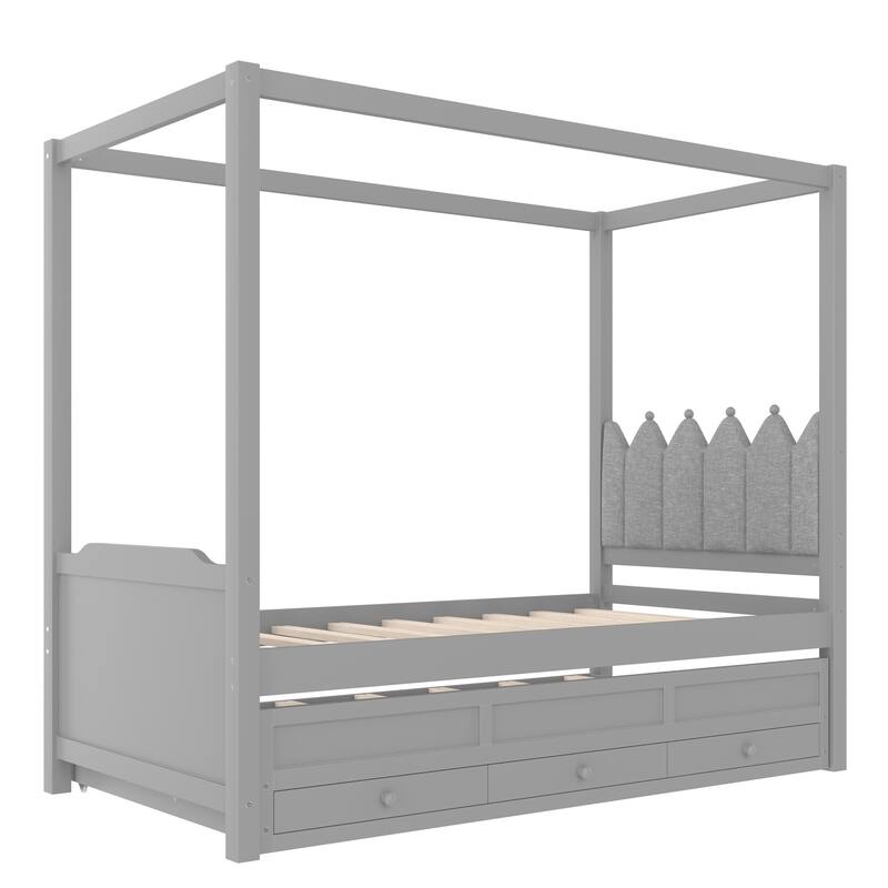 Twin Platform Bed with Upholstered Headboard, Twin Size Trundle and 3 Drawers, Princess Canopy Bed Frame for Kids