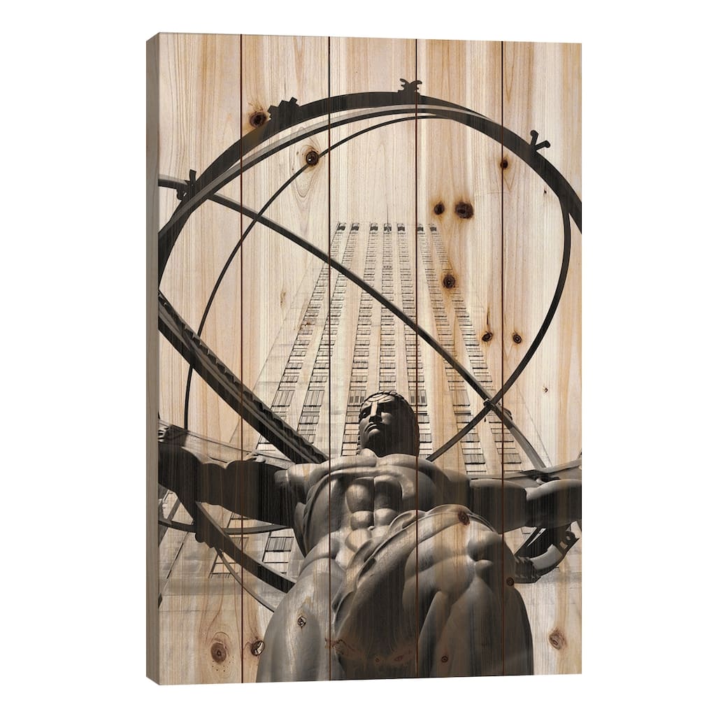 1950s Statue Of Atlas At Rockefeller Center Midtown Manhattan USA Print On Wood by Vintage Images - Multi-Color