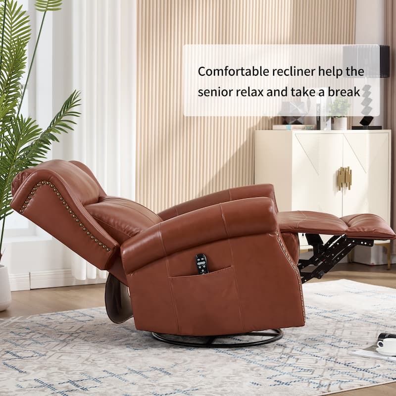 360° Swivel Rocking Recliner with Heat & Massage, Genuine Leather