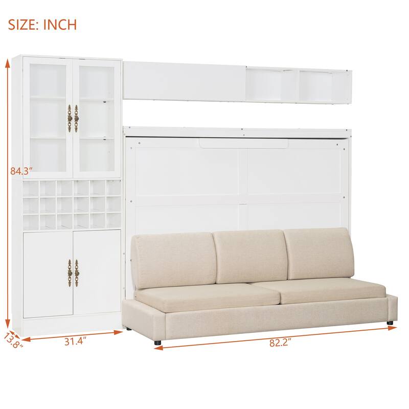 Space-Saving Full Size Murphy Bed with Sofa, Shelves, USB & Light in White