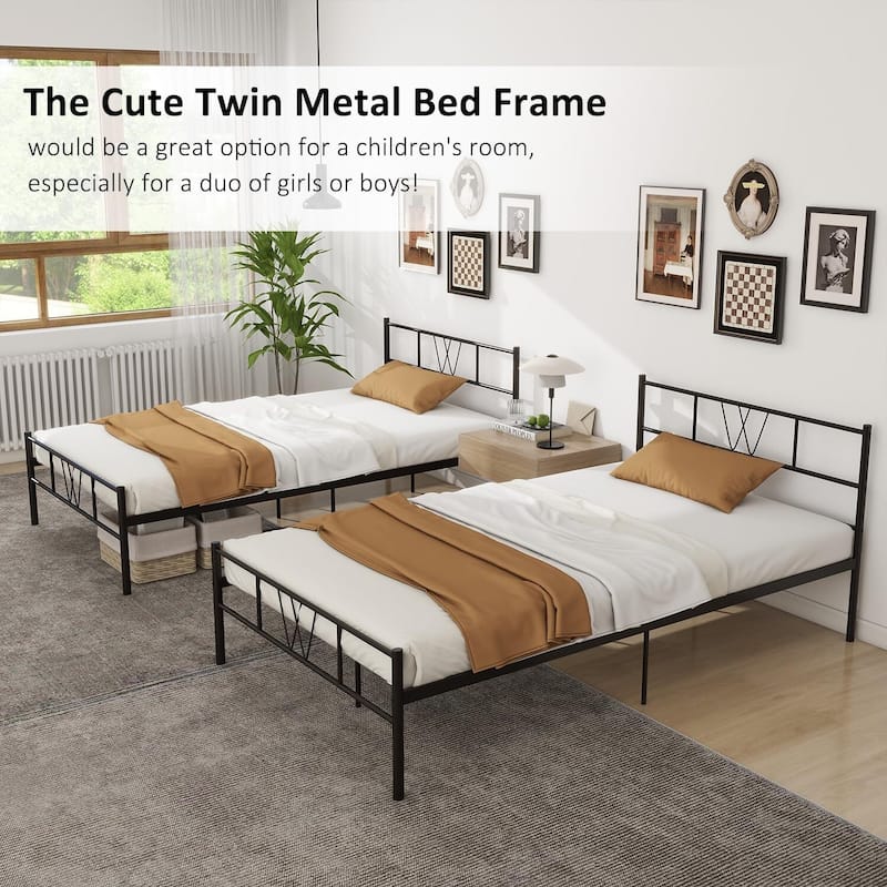 Black Metal Bed Frame Twin Platform Bed with Headboard and Footboard, No Box Spring Needed