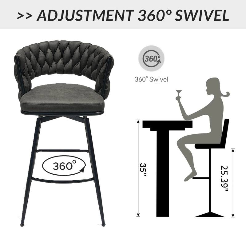 Leather Woven Bar Stool Set of 2, 360° Swivel Upholstered Arm Chairs, Kitchen Island Chairs with Back Footrest