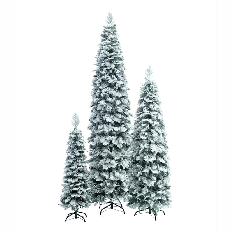 8FT, 6FT, 4FT Pre-Lit Pencil Christmas Trees, Set of 3 Flocked Fir Slim Christmas Trees, 290 LED Lights with 11 Lighting Modes