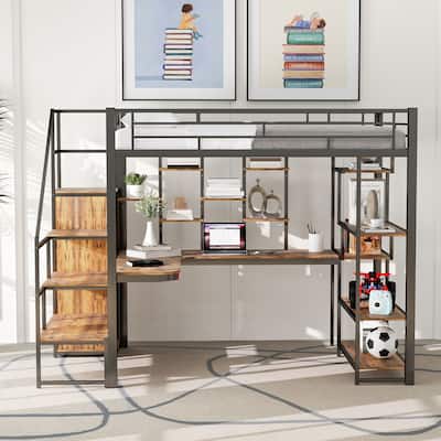 Full Size Metal Loft Bed with Small Wardrobe, L-shaped Built-in Desk, Storage Shelves & Storage Staircase, No Box Spring Needed
