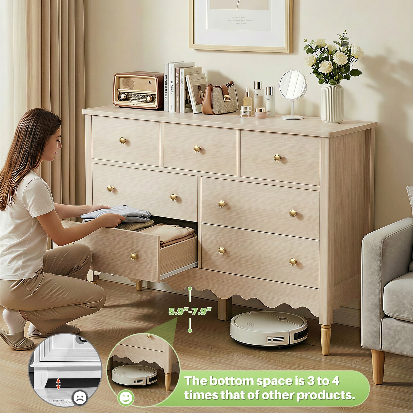 イデー　WAVE TALL CHEST Maple Narill Wave-Inspired 7-Drawer Dresser, 47-In Bedroom Chest of