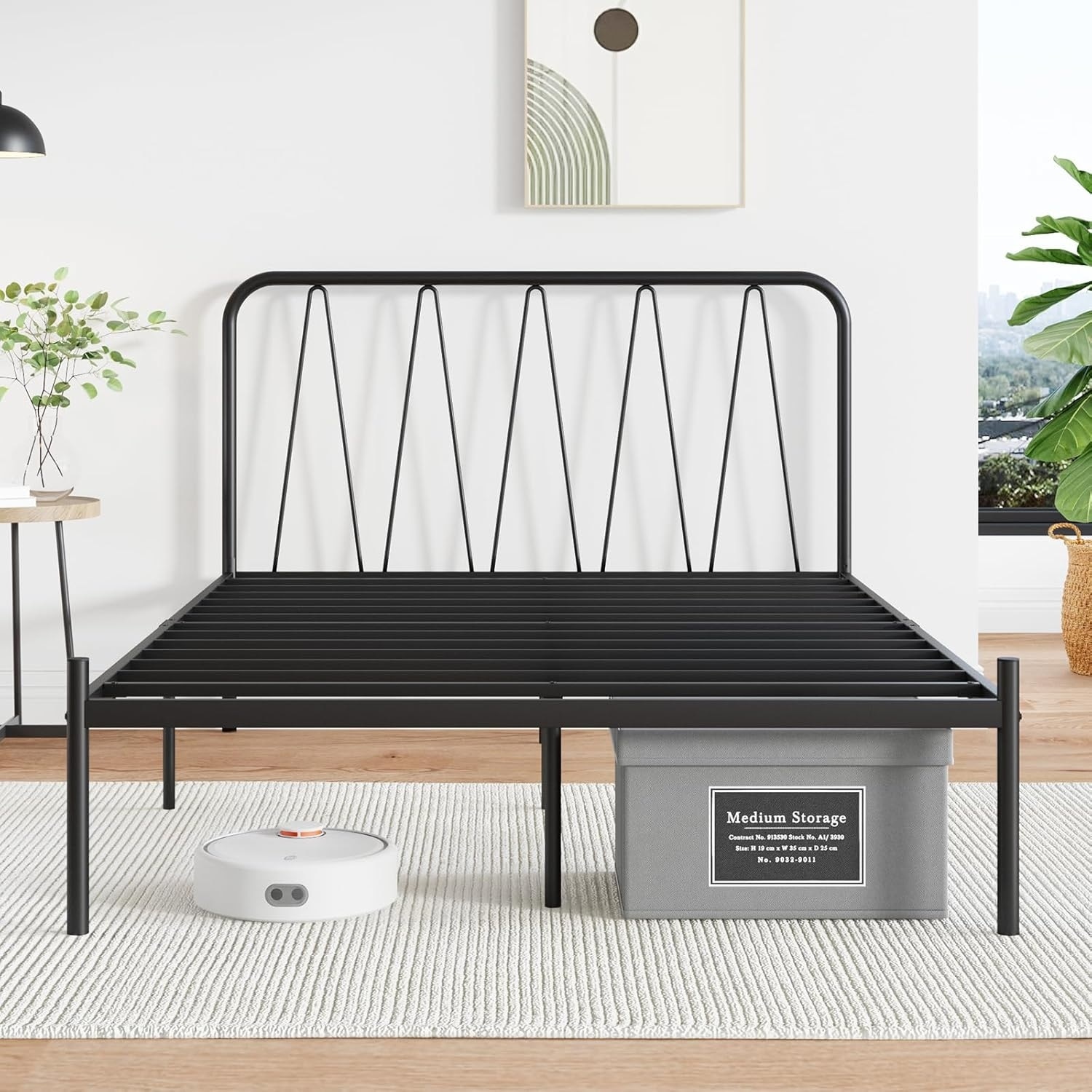 Full Size Metal Platform Bed Frame with Modern Headboard, Heavy Duty Slats, Easy Assembly, Black
